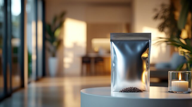 Silver pouch on a white table in a modern interior