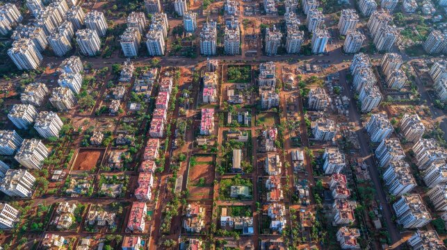 Aerial view of residential houses and highrise buildings in Virar city of Palghar District in Maharashtra Top angle Drone shot houses in a smart city living in India Beautiful Indian c : Generative A