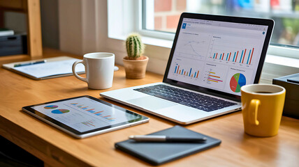 Modern remote work setup with technology for business analytics and financial data analysis.