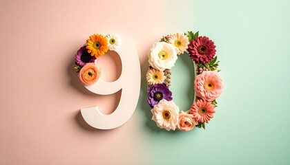 Number 90 made out of flowers with colored background. Photo for 90th birthday or anniversary party