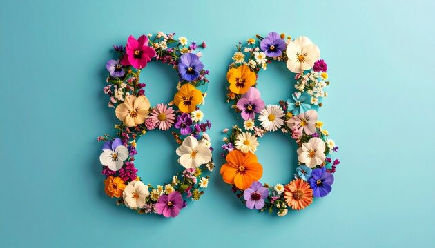 Number 88 made out of flowers with colored background. Photo for 88th birthday or anniversary party