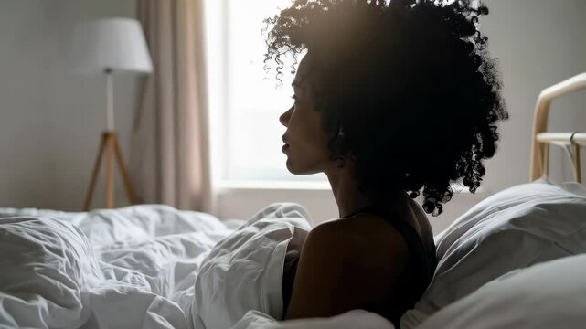 Woman sitting thoughtfully in bed, light from window, looking to the side with white sheets and blurred lamp in background.