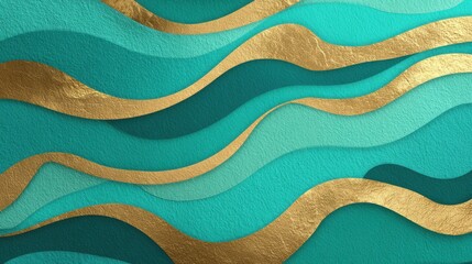 Turquoise abstract background with golden wavy pattern. Art deco ornament vector illustration, no logos, no brands
