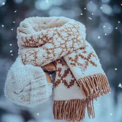 warm scarf and mittens symbolizing winter coziness isolated snowy