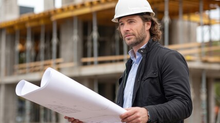 A construction worker in a hard hat reviews blueprints at a building site, showcasing dedication and expertise.