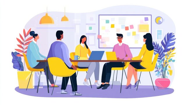 Teamwork at the office isolated cartoon vector illustrations set. Colleagues discussing business in a meeting room, online meetup, team video call, creativity board, modern workplace vector cartoon.,