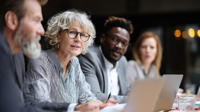 Mature older ceo businesswoman mentor in glasses negotiating growth business plan with diverse executive managers at boardroom meeting table using laptop. Multicultural team work together in office.,
