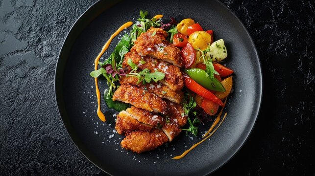 Large fried chicken schnitzel with vegetables. In a plate. On a black stone background. Photo of food. - Powered by Adobe