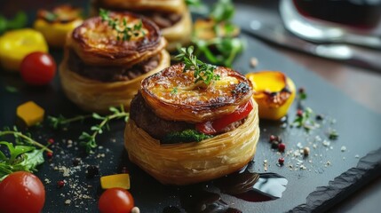 Mini beef patties with vegetables and red wine wrapped in puff pastry