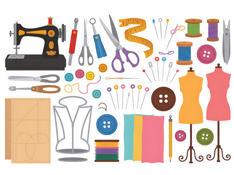 Sewing Tools and Tailoring Equipment Clipart Fashion Design Elements Set.