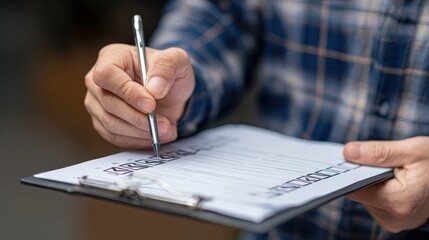 A man holding a checklist file in his hand and checking it with a pen to tick correct sign mark in checkbox for quality document control checklist. generative AI