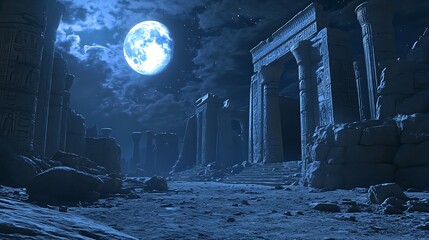 Ancient ruins at night under full moon