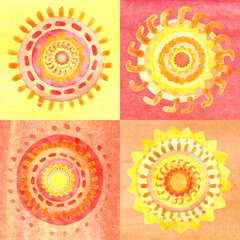 Seamless patchwork pattern with watercolor suns. Summer watercolor background.