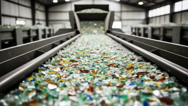 Glass recycling facility conveyor belt full of recycled glass pieces