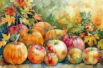 watercolor fall harvest apples and pumpkins .