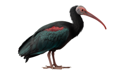 Kelaynak bird (Northern Bald Ibis) isolated on white and transparent background, cut out png