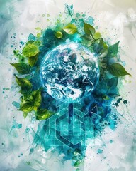 watercolor earth with solar panels and recycling arrows soft blues and greens on panel .