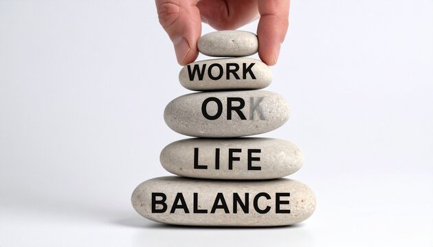 Five stacked stones, each inscribed with a word—‘WORK,’ ‘LIFE,’ and ‘BALANCE’—supported by outstretched human hands, forming a tactile metaphor for the delicate equilibrium between professional drive 