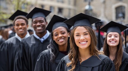Group of graduation students with diplomas outdoors, no logos, no brands
