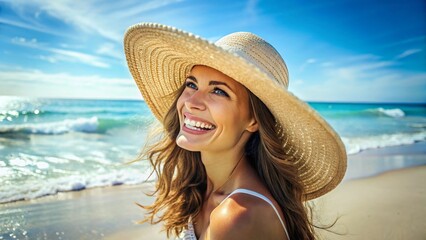 Happy Woman Relaxing on Sunny Beach, Summer Vacation, Tropical Getaway
