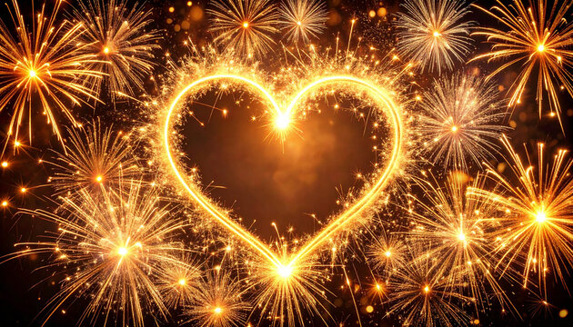 Top View of Sparkler Drawing Heart in Air – Fireworks Light Trails in Romantic Celebration Scene