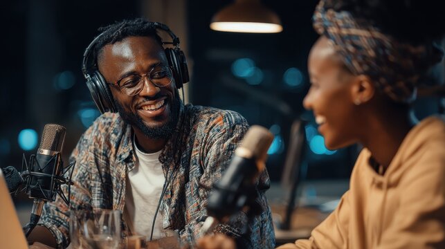 Hosts having podcast session together - African speaker making an interview during live stream - Focus on face, no logos, no brands