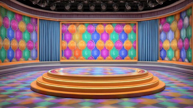 An empty game show stage with colorful, retro-inspired geometric backdrop. The retro game show stage with a colorful, geometric backdrop reminiscent of 70s game shows.