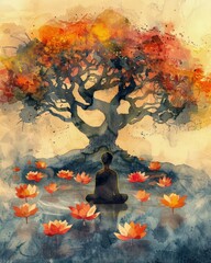 watercolor illustration of a person meditating under a tree with floating lotus flowers soft pastel tones on hands .