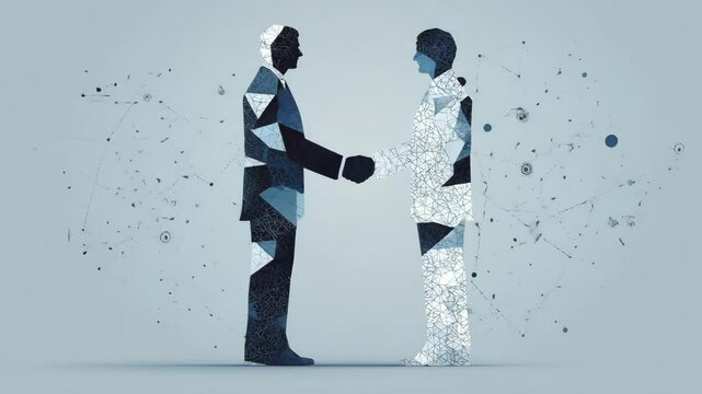 二人のビジネスマンが抽象的に握手する場面