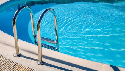 Captures the inviting and refreshing look of a clean swimming pool with a stainless steel ladder, perfect for a summer day.
