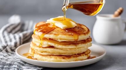 Fluffy pancakes stacked high with butter melting on top, drizzled with golden syrup, evoke sweet temptation for desserts and satisfy hunger