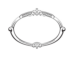 Ornate oval frame with decorative flourishes, isolated on a white background.