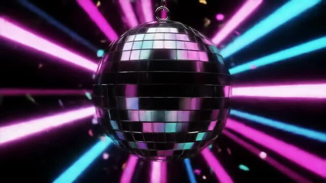 Rotating Disco Ball with Pulsing Neon Beams and Reflections