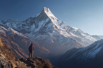 Hiker Contemplating Majestic Mountain Landscape.