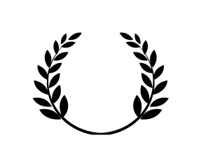 Black laurel wreath, symmetrical, curving around, with leaves on both sides, isolated on white.
