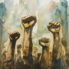 watercolor protest scene with raised fists muted tones on fists .
