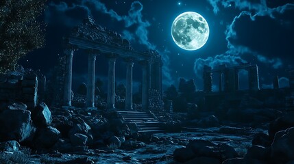 Ancient ruins under full moon