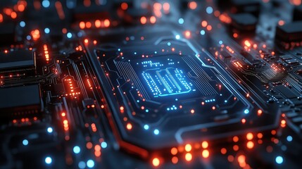 Obraz premium Close-up view of advanced circuit board with glowing neon-blue pathways representing high-speed data transmission and futuristic digital infrastructure