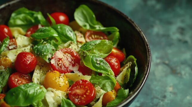 Pesto Pasta Salad with Cherry Tomatoes and Mozzarella cheese. Healthy food.