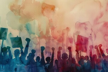 watercolor protest scene with equality signs and fists muted tones .