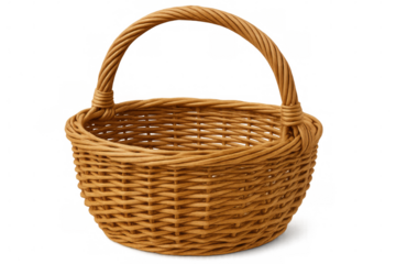 Woven wicker basket, perfect for picnics, shopping, or decorative purposes, presented on a transparent background