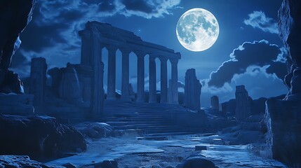Ancient ruins under full moon