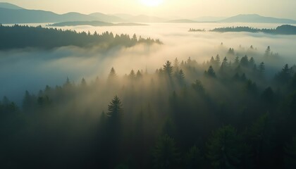 Fototapeta premium Foggy Sunrise Mountain Forest
