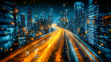 Fototapeta premium Futuristic cityscape with illuminated highway streaks and glowing skyscrapers at night