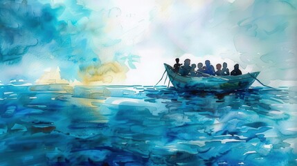 watercolor refugee boat rescue scene soft blues .