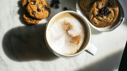 Stylish coffee shop table arrangement featuring creamy latte coffee cup with cookies, cinnamon, menu beside artistic cafe interior