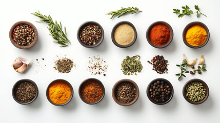 different kinds of spices on white background
