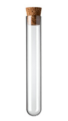 transparent glass test tube with cork stopper used for science experiment and laboratory analysis on isolated background
