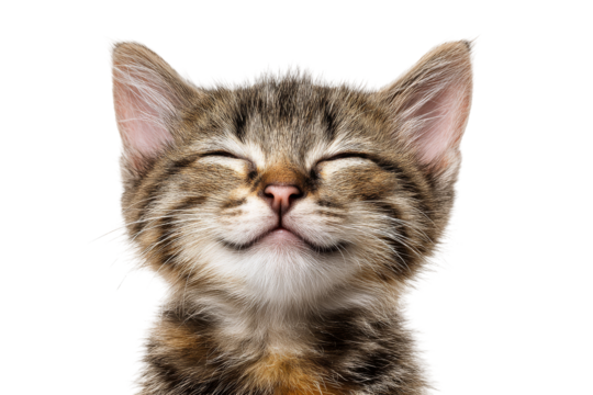 Close up of smiling tabby kitten with closed eyes isolated on transparent background