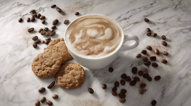 Stylish coffee shop table arrangement featuring creamy latte coffee cup with cookies, cinnamon, menu beside artistic cafe interior